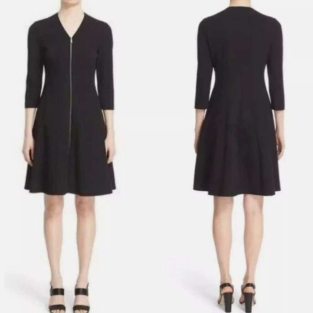 Lafayette 148 Navy Dress Rosalie A-Line 3/4 Sleeve Full Front Zip Size 2 Midi